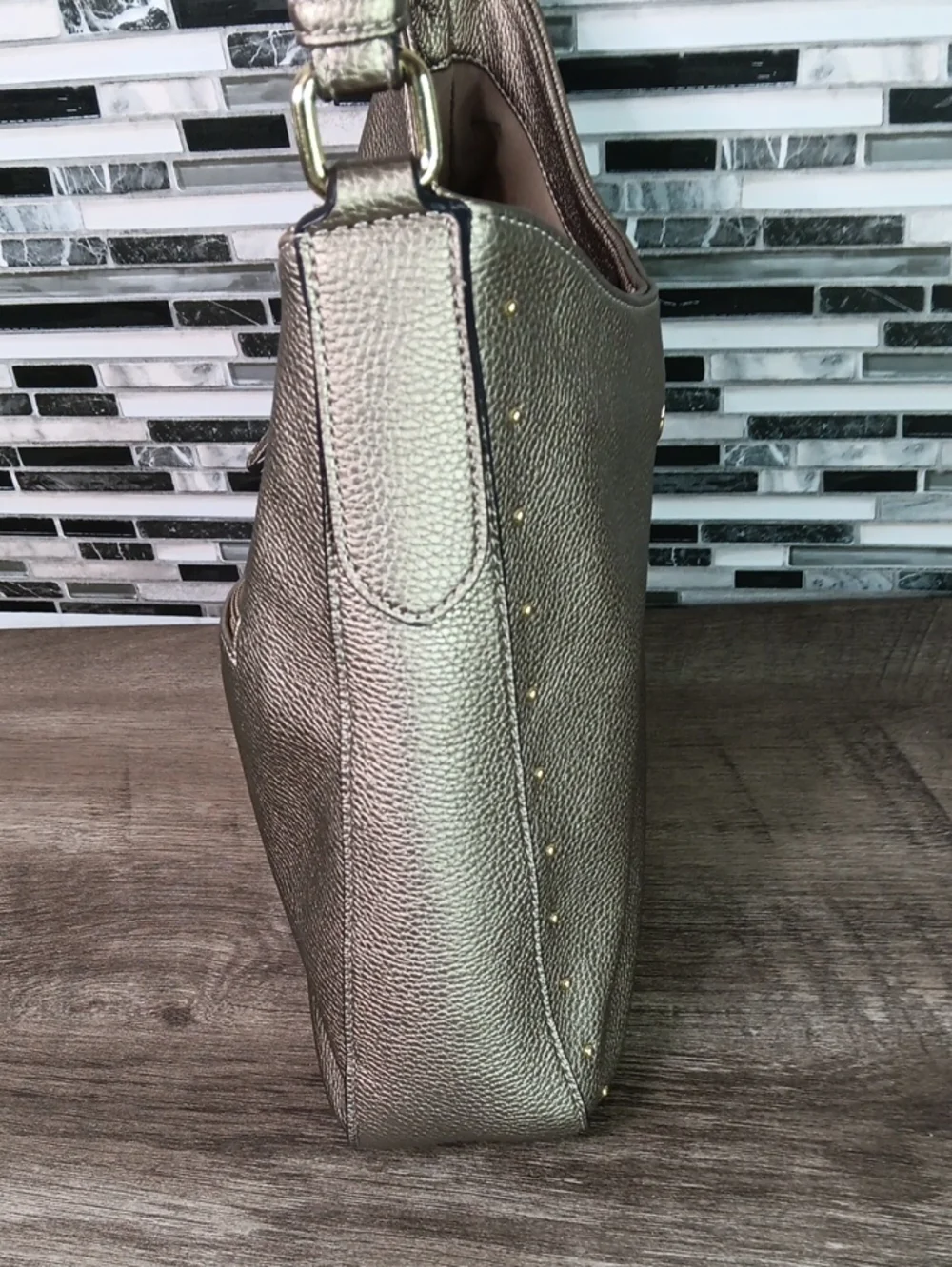 Liz Claiborne Gold Pebbled Leather Studded Hobo Bucket Purse